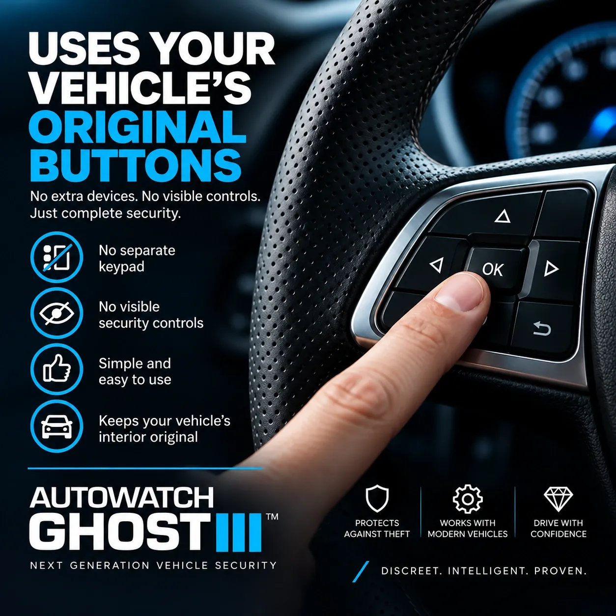 A finger pressing the OK button on a car's steering wheel controls, with the Autowatch Ghost III logo and the claims: no separate keypad, no visible security controls, simple to use, keeps the interior original