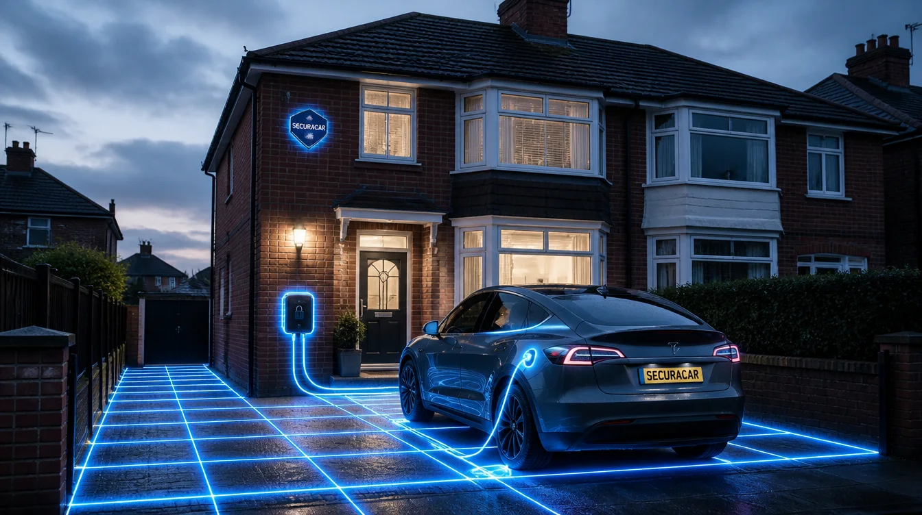 A car parked on the driveway of a British semi detached house at dusk, overlaid with a blue security grid