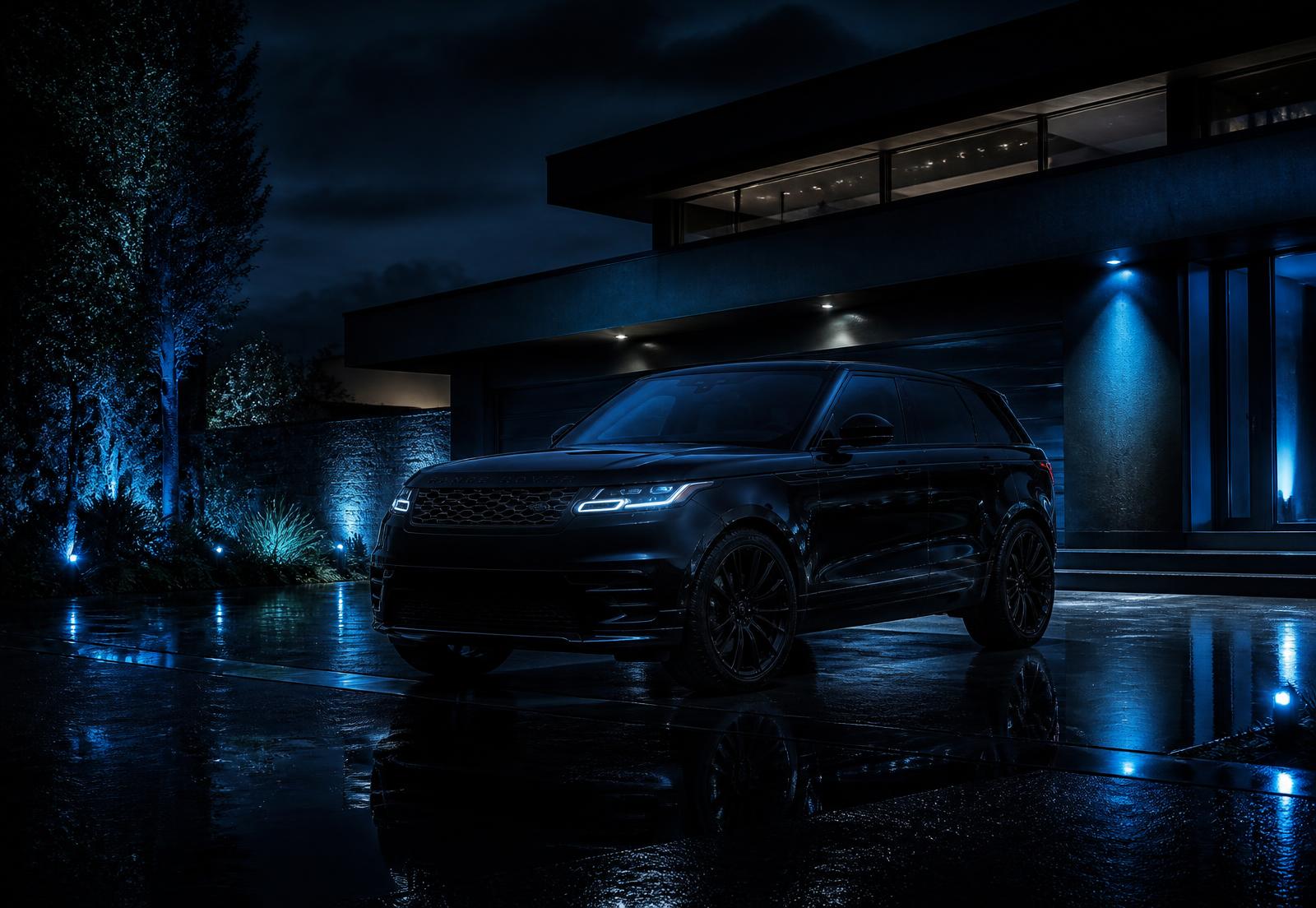 A high value SUV parked on a driveway at night