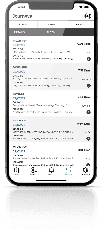 ScorpionTrack app showing a list of recent journeys with distance, time and locations