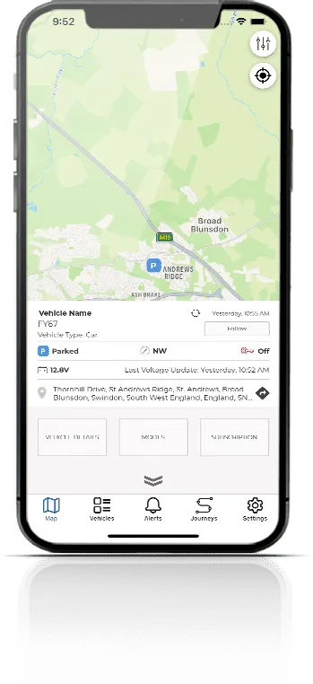 ScorpionTrack app showing a vehicle's live location on a map, parked and locked