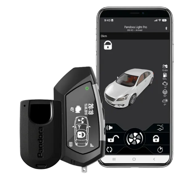 Pandora Light Pro shown with its two way OLED remote, immobiliser tag and Bluetooth app