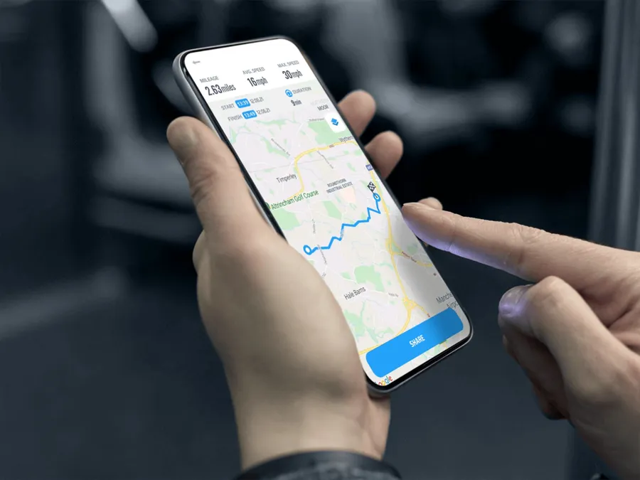 Meta Trak app showing a completed journey with mileage, speed and route on a map