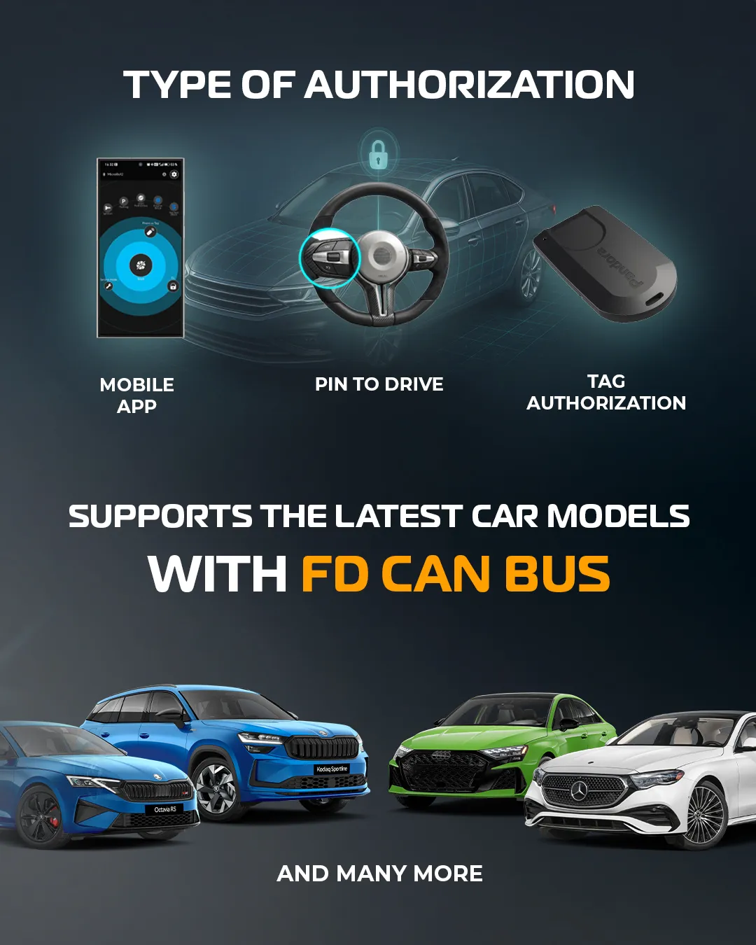 Diagram showing the three ways to authorise the Pandora Microbot: the mobile app, a PIN entered on the steering wheel, or the Bluetooth tag