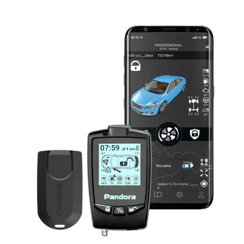 A Pandora alarm system shown with its smartphone app and OLED remote control