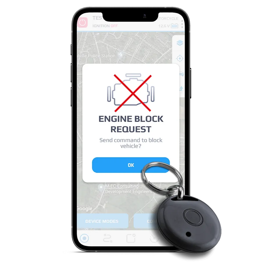 Meta Trak app asking to confirm an engine block request, beside a driver recognition tag