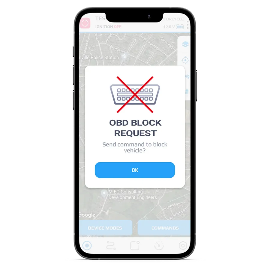 Meta Trak app showing OBD port protection