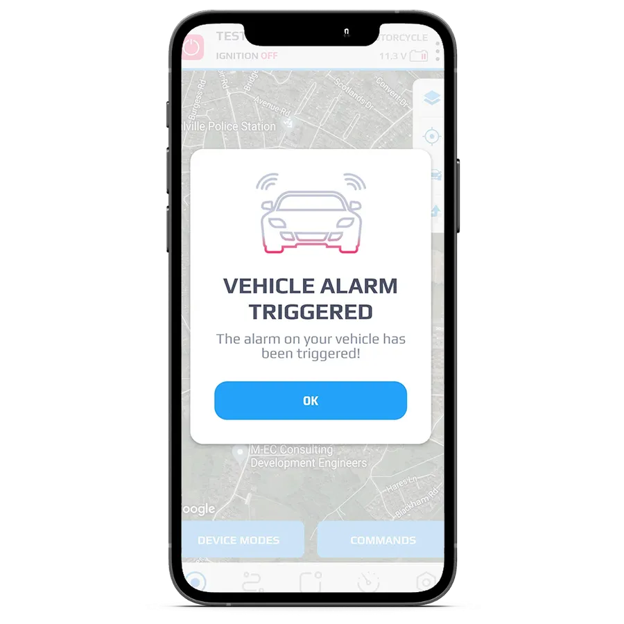Meta Trak app showing a vehicle alarm triggered notification