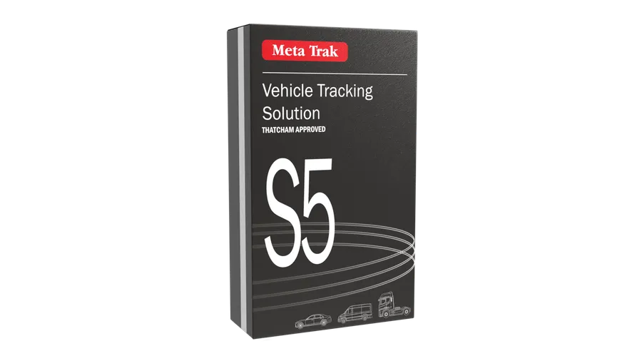 Meta Trak S5 VTS vehicle tracking system retail packaging, marked Thatcham approved