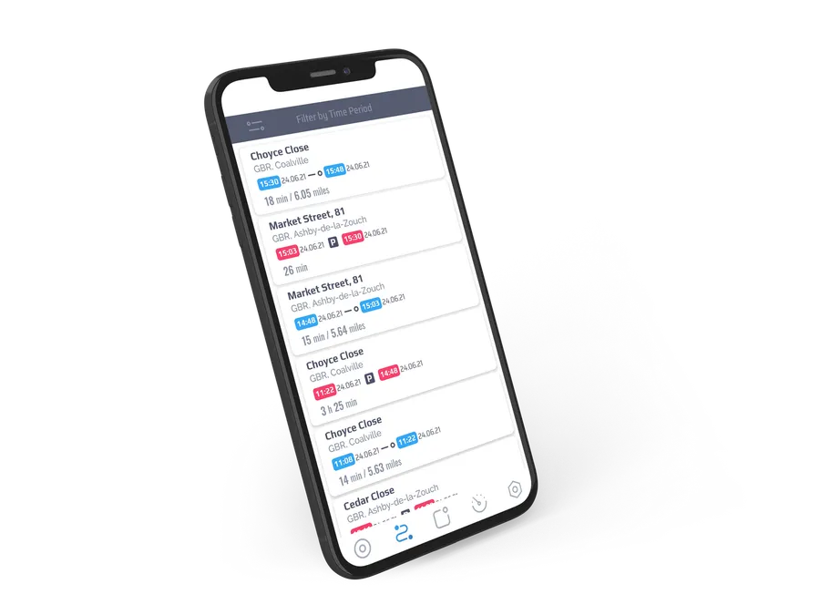 Meta Trak app showing a list of recent journeys with times and distances