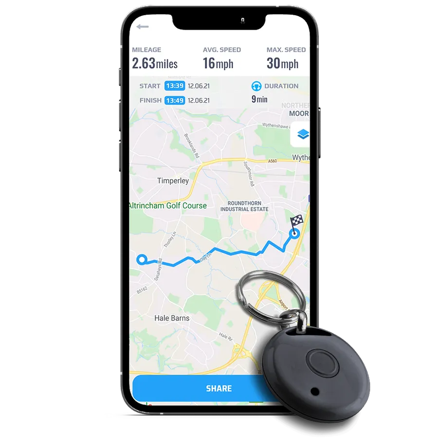Meta Trak app showing a completed journey with mileage and speeds, beside a driver recognition tag