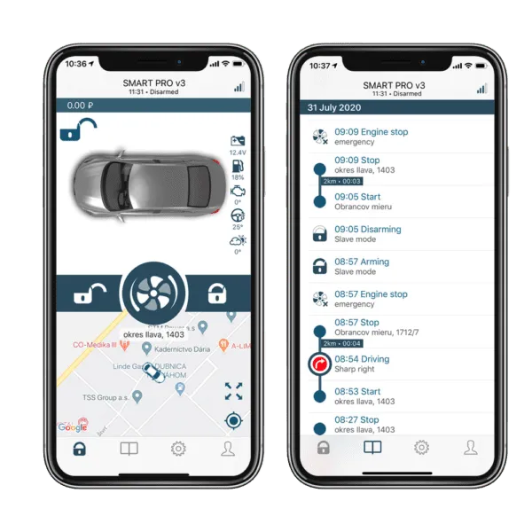 Pandora Smart Pro app showing vehicle status, telemetry and drive history